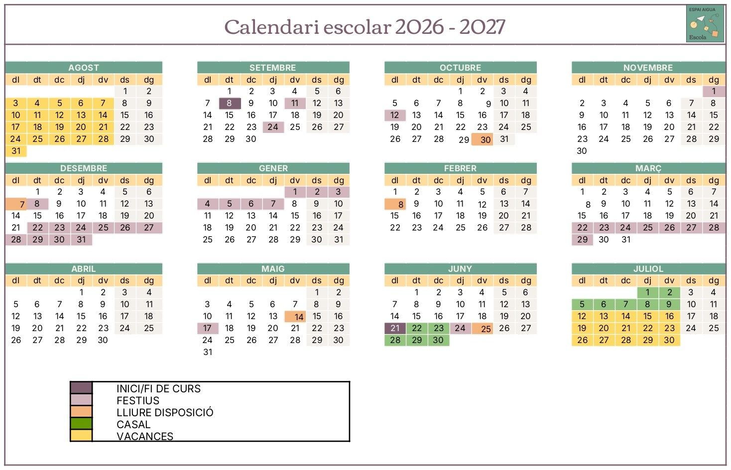 Espai Aigua’s 2026-2027 school calendar: start and end of the year, public holidays, discretionary days, summer camp and holidays, month by month