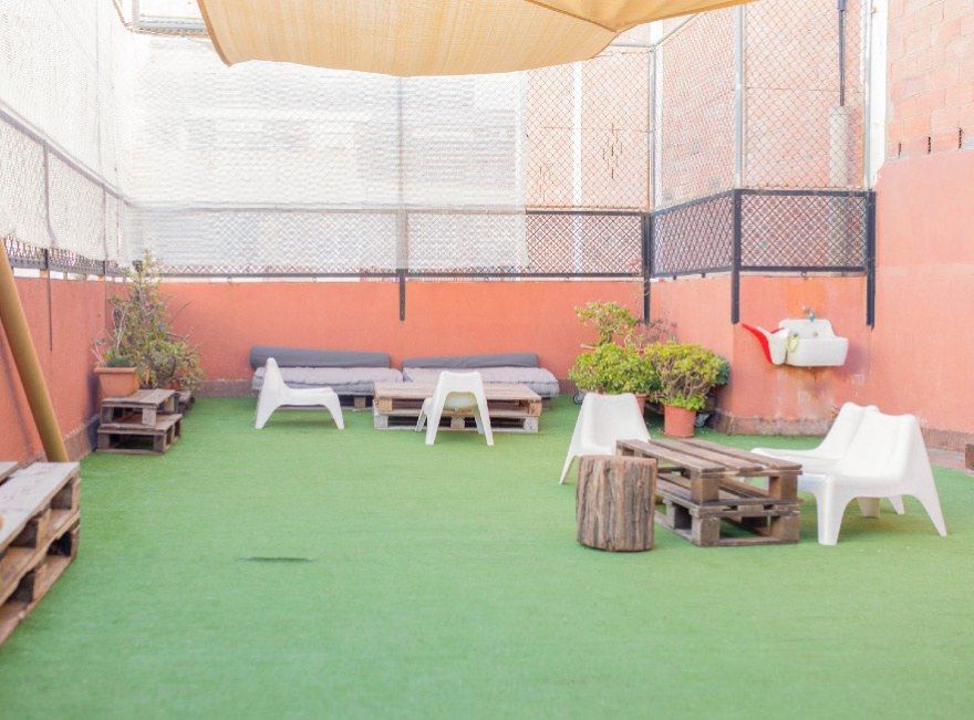 Patio de césped con palés y sillas blancas